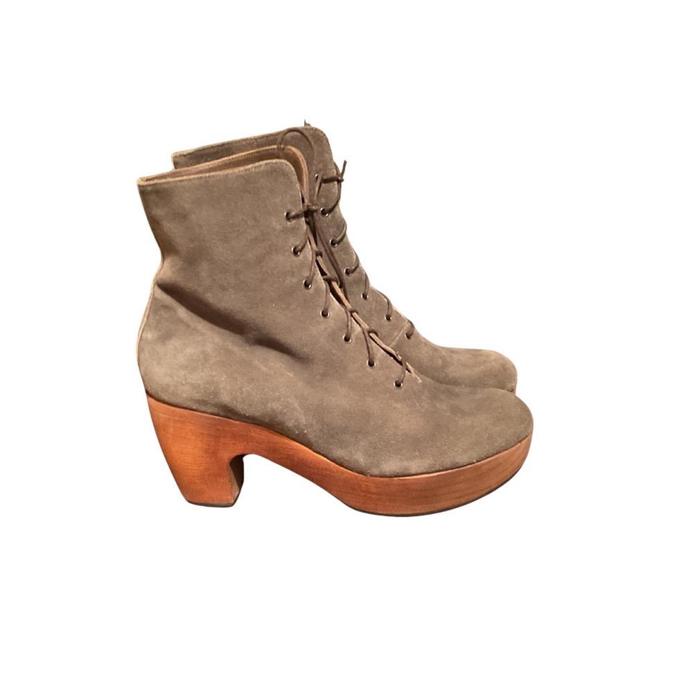 COCLICO Gray Suede Ankle Boots on Beautiful Wood Platform